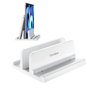 Afbeelding van VAYDEER Verticale laptopstandaard ruimtebesparende 3 in 1 standaard voor verticaal positioneren van MacBook, notebook of iPad Verstelbaar laptops tot 17,3&quot; Wit
