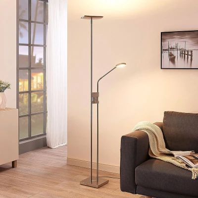 Afbeelding van Lindby LED vloerlamp met dimmer 2lichts metaal H: 180 cm gesatineerd nikkel Inclusief lichtbronnen