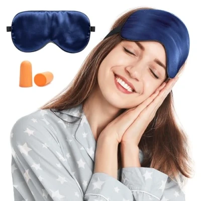 Afbeelding van Viedouce slaapmasker, zijde oogmasker, 100% huidvriendelijk, vrouwen en heren, aangenaam slaapmasker met reistas, ideaal voor thuis op reis (blauw 1 pack)