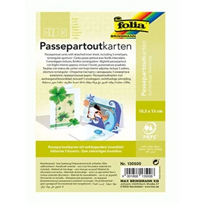Afbeelding van folia 130500 passepartouts met rechthoekige stans, ca. 10,5 x 15 cm, 5 kaarten (220 g/m²) en enveloppen, wit ideaal voor uitnodigingen, felicitatie of wenskaarten