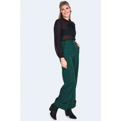 Afbeelding van Voodoo Vixen Green Pinstripe Turn Up Wijde broek M Groen