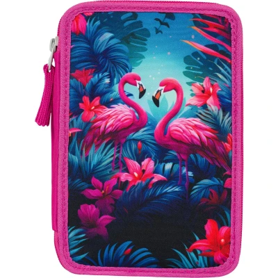 Afbeelding van Baagl Etui met 3 vakken voor jongens en meisjes, schoolspullen pennenetui, school, Flamingos.,