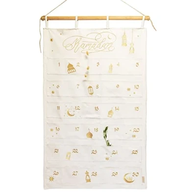 Afbeelding van Papierdrachen Ramadankalender 2024 als wandkalender van stof om te vullen, beige en goud, hoogwaardig geborduurd, stoffen zak, katoen, herbruikbaar, set 3