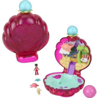 Afbeelding van Polly Pocket Poppen en accessoires, compacte glinsterende strandschelp met micropop huisdier, reisspeelgoed waterspel