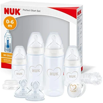 Afbeelding van NUK First Choice+ Perfect Start Babyflessen Set Anti colic (2 x 150 ml &amp; 2 300 ml), flessenborstel meer, 0 6 maanden met temperatuurregeling, Harten (wit)