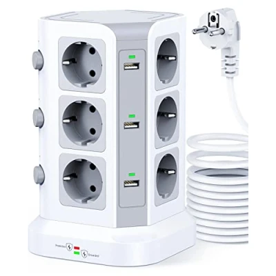 Afbeelding van KOOSLA 12 voudige stekkertoren met overspanningsbeveiliging (4000 W/16 A), afzonderlijk schakelbare stekkerdoos 6 USB aansluitingen, voor kantoor, keuken, tafel, 5 m, wit…