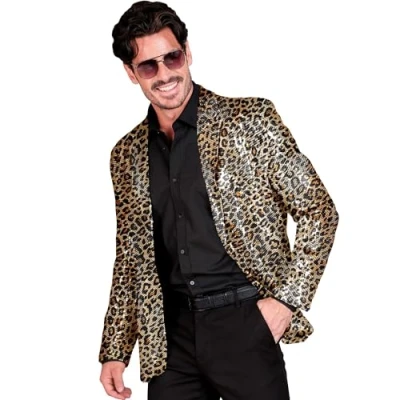 Afbeelding van Widmann Pooier Kostuum Pailletten Colbert Pim De Mega Pimp Luipaard Man Bruin Large Carnavalskleding Verkleedkleding