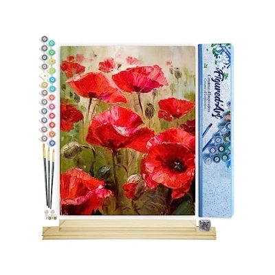 Afbeelding van Figured&#039;Art Schilderen op Nummer Volwassenen canvas Veld met klaprozen Handwerk acrylverf Kit DIY Compleet 40x50cm houten lijst