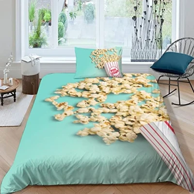 Afbeelding van LENTLY Popcorn beddengoedset voor jongens en meisjes, 3D bedrukte dekbedovertreksets kinderen, verborgen rits, bedsprei, kussensloop, eenpersoons (135 x 200 cm)