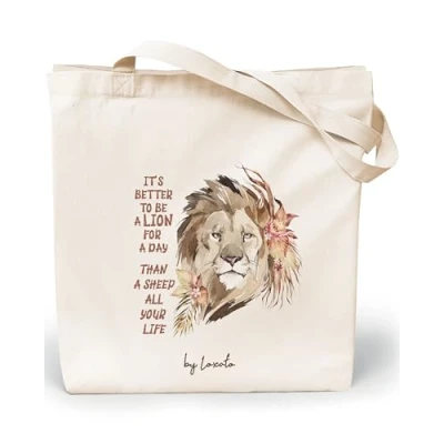 Afbeelding van Loxato stoffen tas bedrukt, tas, katoenen 35 x 42 8 cm (b h 8), draagtas, canvasstof 220 g/m2, jute boodschappentas lang handvat 70 cm, boodschappentas, een lion