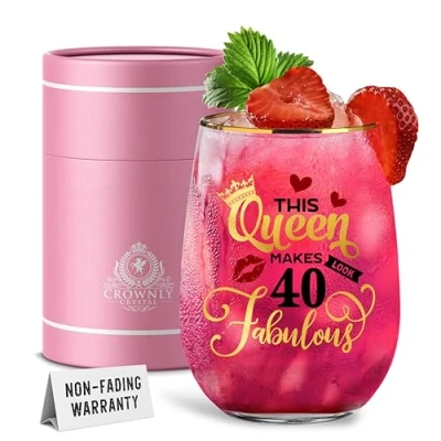 Afbeelding van CROWNLY CRYSTAL® 40e Verjaardag Cadeaus Voor Vrouwen Gin Gepersonaliseerde Wijnglazen Zonder Steel Decoraties Zus Verjaardagscadeaus