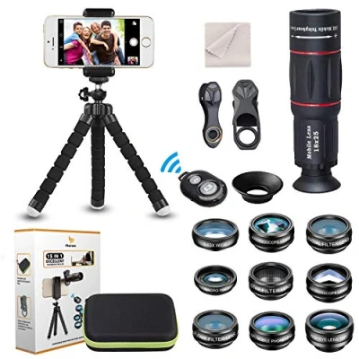 Afbeelding van 15 in 1 Universele Telefoon Camera Lens Kit 18X Telelens Groothoek lens, Macro Fisheye Caleidoscoop 3/6 CPL Flow Star Radial Filter, Statief, Afstandsbediening Sluiter voor de meeste Smartphone