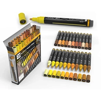 Afbeelding van 22 Acrylverf Markers Verfpennen Pro Color Series Set 3mm Medium Tip voor rotskunst, glas, hout, plastic, metaal, canvas. Niet giftig, op waterbasis, sneldrogend (YELLOW)