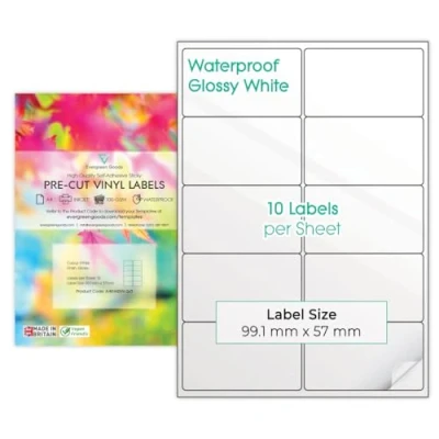 Afbeelding van 10 vellen A4 glanzend vinyl (pvc), wit, voorgesneden, waterdicht, multifunctioneel etiket, zelfklevende multi stickerlabels, inkjet, afdrukbaar (2 x 5 (10 per vel))