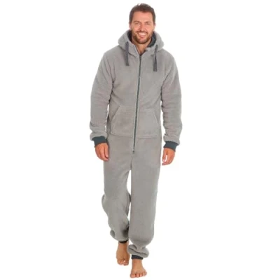 Afbeelding van Slumber Hut® Heren en jongens grijze Snuggle fleece hooded onesie bijpassende volwassen kindmaten warme Shaggy capuchon alles in één pyjama elastische manchetten, Grijs Fleece, L XL