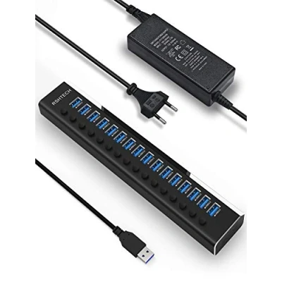 Afbeelding van RSHTECH RSH A16 USB hub Active 3.0 met 100W voeding, aluminium multiport 12 V/8,3 A voeding en schakelaar, voor pc, mobiele HDD, flashdrive, professionele business grade