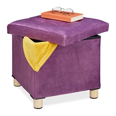 Afbeelding van Relaxdays poef met opbergruimte, dienblad in deksel, houten poten, vierkante hocker, HBD: 35x38x38 cm, paars