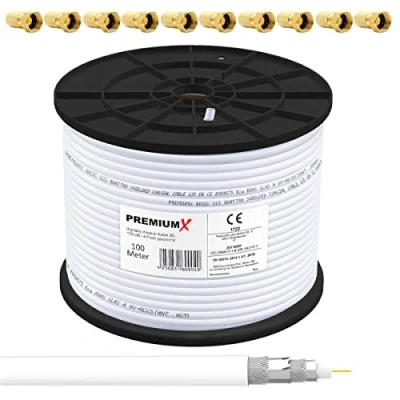 Afbeelding van PremiumX BASIC Coaxiale Kabel van 100m Perfecte ontvangst met 135dB viervoudige aluminium afscherming Compatibel DVB S/S2, C, T, BK installaties Inclusief 10 F connectoren