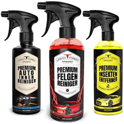Afbeelding van Urban Forest Autoreiniger, voordeelset, auto interieurreiniger en interieurverzorging, 500 ml, velgenreiniger 1000 ml + insectenverwijderaar voor lak ruiten, Made in Germany