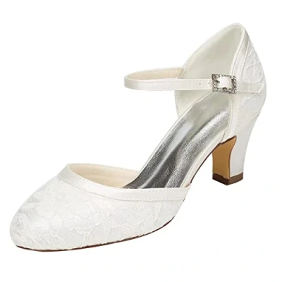Afbeelding van Emily Bridal Bruids Bruiloft Ivoor Schoenen Dames Kant Satijn Stiletto Hakken Pompen Sandalen 39EU