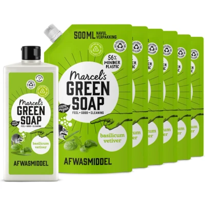 Afbeelding van Marcel&#039;s Green Soap Afwasmiddel Basilicum&amp;Vertivert Gras + 6 Navullingen Pakket