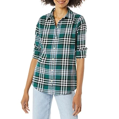 Afbeelding van Amazon Essentials Women&#039;s Lichtgewicht geruite flanellen overhemd met klassieke pasvorm en lange mouwen, Donkergroen Geruit, S