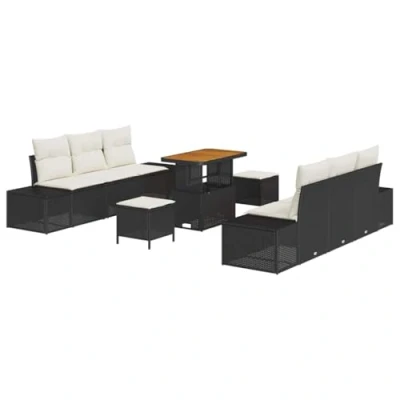Afbeelding van vidaXL 9 delige tuinset met kussens zwart poly rattan en acaciahout