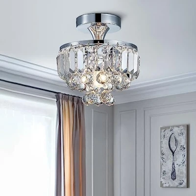 Afbeelding van Bestier Moderne plafondlamp, chroom, kristal, halfstroom, voor eetkamer, badkamer, slaapkamer, woonkamer