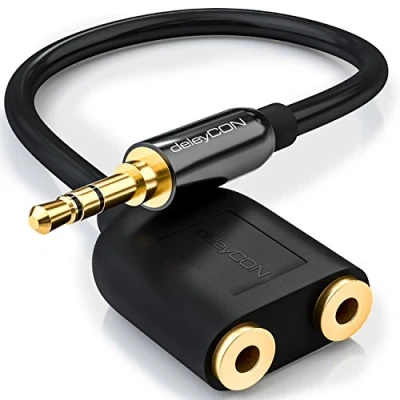 Afbeelding van deleyCON Stereo Audio Jack Adapter 2x 3,5mm Jackplug naar 1x Verguld Metaal Zwart