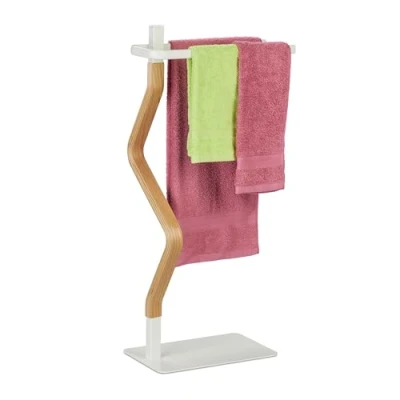 Afbeelding van Relaxdays staand handdoekenrek 2 stangen handdoekstandaard staal &amp; mdf badkamer