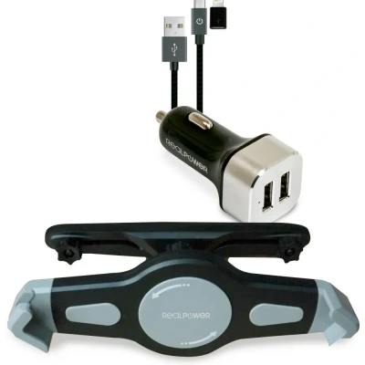 Afbeelding van RealPower Tabletautoset, tablethouder, 2 poorts USB autolader, micro naar Lightning adapter, kabel, voor smartphones, tablets, powerbanks en meer, zwart