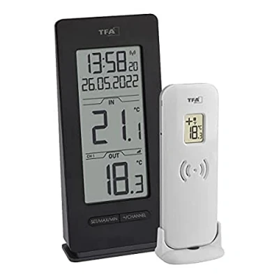 Afbeelding van TFA Dostmann draadloze thermometer, 30.3072.01.90, binnen en buitentemperatuur, incl. radiografische klok datum, max. min. functie, draadloos, Amazon Exclusive, zwart