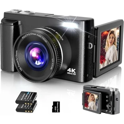 Afbeelding van Digitale camera, 4K UHD fotocamera, autofocus met 32G kaart, 48MP vloggingcamera 180 flip scherm en uv lens, compacte camera voor tieners, beginners volwassenen