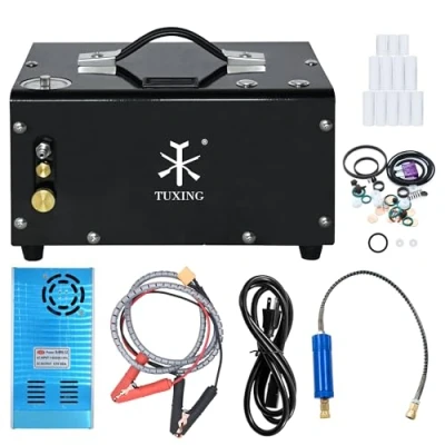 Afbeelding van TUXING PCP luchtcompressor, 4500 psi 30 MPa,olie /watervrij, ingebouwd afvoersysteem, aangedreven door auto 12V DC of thuis 220V AC met adapter (meegeleverd), pomp voor luchtgeweren en luchtbuksen