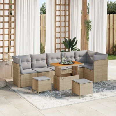 Afbeelding van vidaXL 9 delige Tuinbank Set met Kussens Beige Poly Rattan Acacia, 3 Tuin Eettafel Acacia