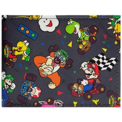 Afbeelding van Rainbow Road Mario Racing Geblokte Vlag Lakitu Portemonnee/Beurs Bi Fold ID &amp; Kaarthouder, Grijs