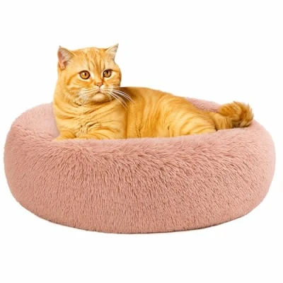 Afbeelding van Kalmerend kattenbed, donut pluizig pluche rond hondenbed, behaaglijk zacht wasbaar kussen, verwarmende huisdierbedden met antislip onderkant, anti angst indoor slapen knuffelnest voor