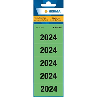Afbeelding van HERMA 1684 jaargetallen stickers 2024 voor mappen, 100 stuks, 60 x 26 mm, 5 per vel, zelfklevend, ondoorzichtige tekstetiketten, mat, papieren zelfklevende etiketten, groen