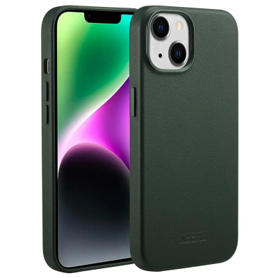 Afbeelding van Apple iPhone 14 MagSafe Hoesje Echt leder Accezz Backcover Donkergroen Telefoonhoesje