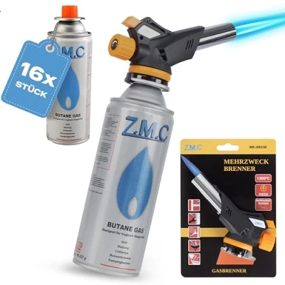 Afbeelding van Z.M.C Gasbrander 1,3 kW + 16 gaspatronen 227 g, flambeerbrander tot 1300 C, bunsenbrander, soldeerbrander, keukenbrander met instelbare vlam