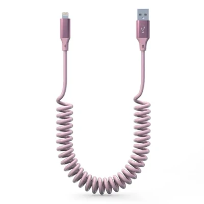 Afbeelding van Spiraalkabel iPhone Lightning kabel, Apple Carplay kabel [Apple MFi gecertificeerd], korte oplaadkabel auto in roze met gegevenssynchronisatie, intrekbare voor