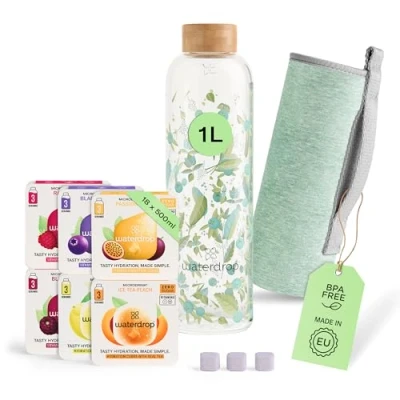 Afbeelding van Waterdrop® Starterset van glas, glazen fles + 18 microdranken voor het oplossen in 6 fruitige soorten, probeerpakket, 1l fles, lekvrij, geschikt koolzuurhoudende dranken, suikervrij