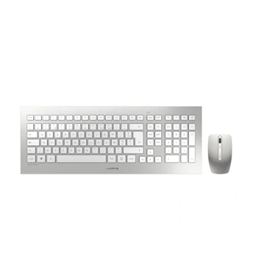 Afbeelding van CHERRY DW 8000, draadloze toetsenbord en muisset, Franse indeling, AZERTY toetsenbord, werkt op batterijen, ultraplat 3 knops muis met infraroodsensor, wit zilver