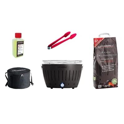 Afbeelding van LotusGrill Starterset Classic 1 x grill antracietgrijs met USB aansluiting, beukenhoutskool 2,5 kg, brandpasta 200 ml, worsttang, kleur naar voorraad, draagtas, rookarme houtskoolgrill