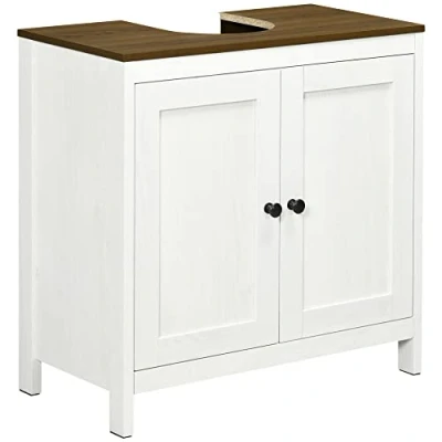 Afbeelding van kleankin Wastafelonderkast Badkamermeubel kast met 2 deuren plank 60 x 30 cm wit en houtlook