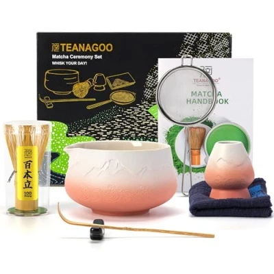 Afbeelding van TEANAGOO Japanse Matcha Whisk (7st) Set Mtacha Kit Kom met Schenktuit Bamboe (chasen) Schep (chashaku) Houder.N35, Gradient Pink White...
