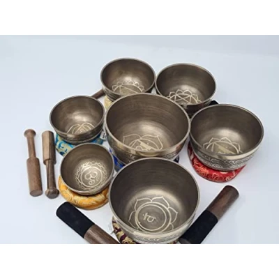 Afbeelding van Set van 7 klankschalen, handgemaakte Tibetaanse chakra helende klankschaal voor meditatie, geluid, vrede, mindfulness, yoga, zeven chakrakommen