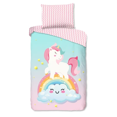 Afbeelding van Cheqo® Dekbedovertrek voor Kinderen 140x200 cm Eenhoorn en Regenboog Print Roze/Blauw 1 Persoons 100% Katoen