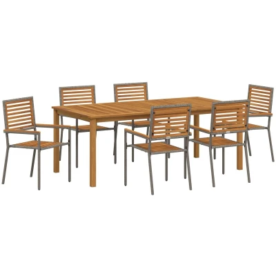 Afbeelding van vidaXL 7 delige tuin eetset Grijs Poly Rattan Acacia, Stapelbare Tuinstoelen met Kussens 2 stuks