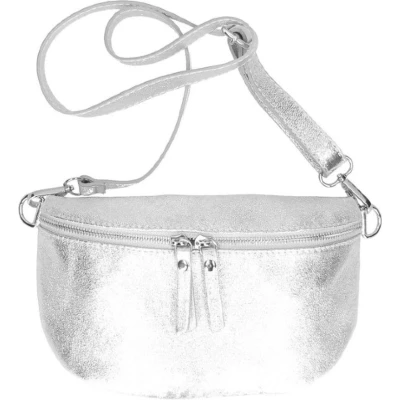 Afbeelding van Zilveren Metallic Leren Heuptas Dubbele Ritsen Crossbody Tassen Zilver Beslag